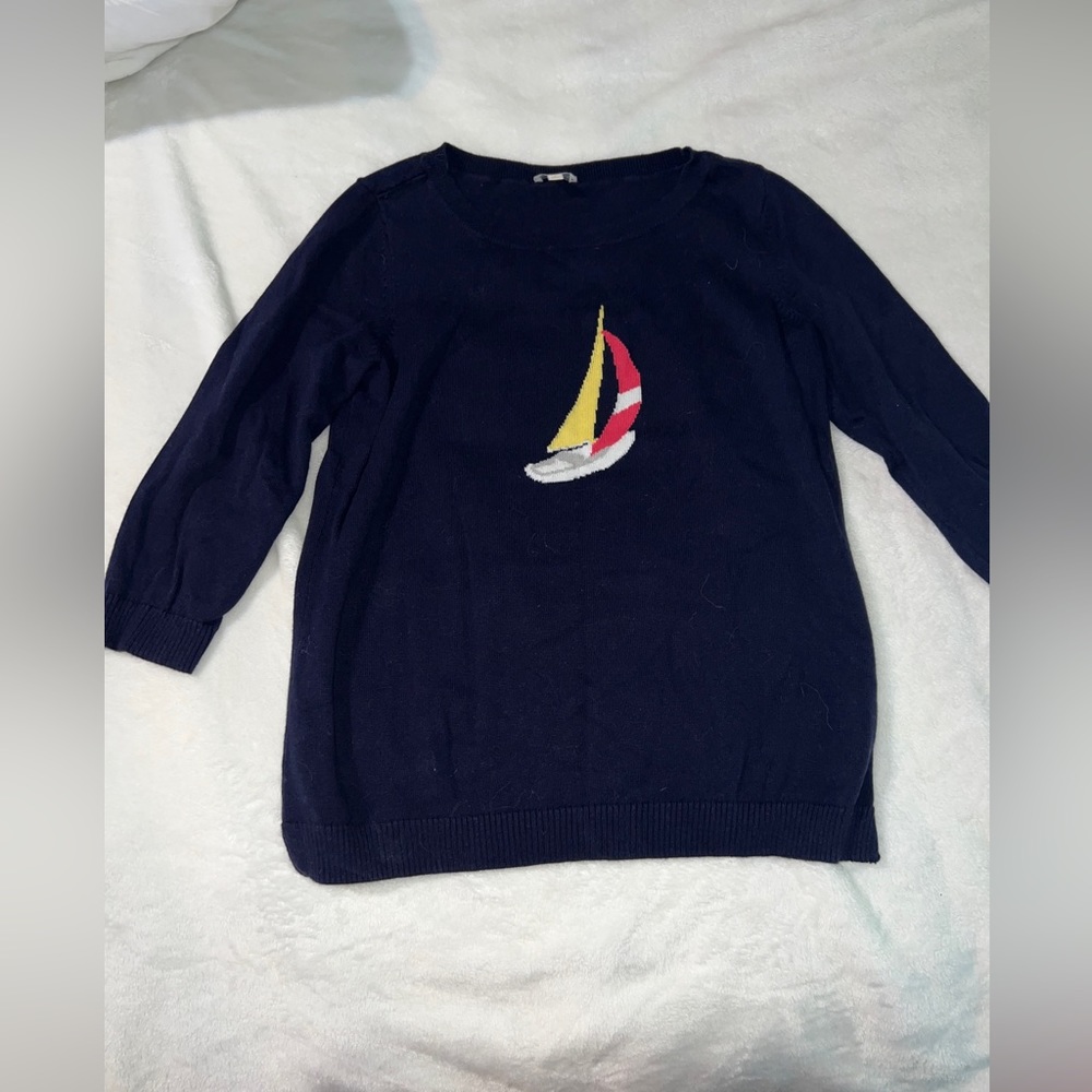 Talbots Women's Navy 3/4 Sleeve SAILBOAT 100% Cotton Knit Pullover Sweater P